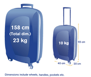 How do international luggage sizes differ from common US luggage sizes?